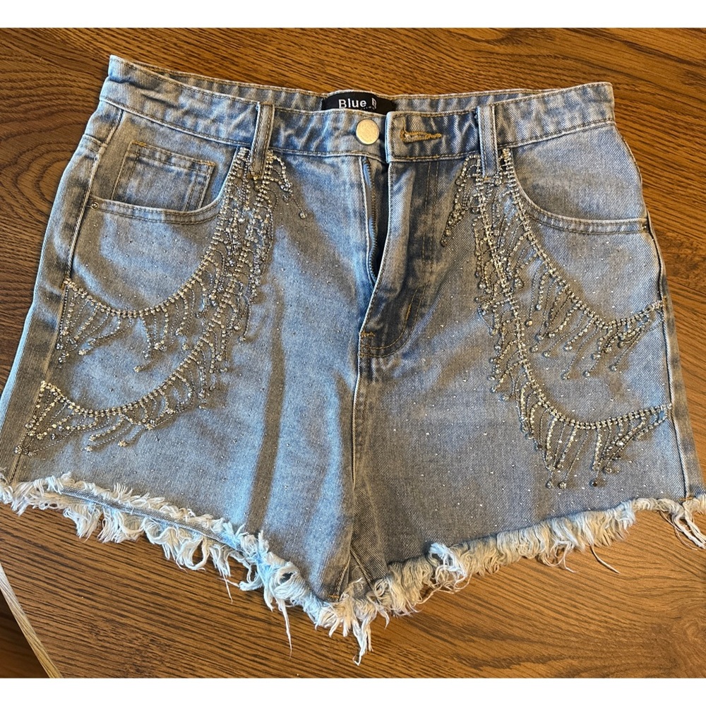 Rhinestone Fringe Blue Jean Shorts with Frayed Hem
